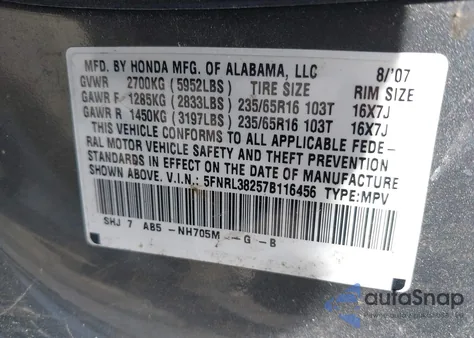 2007 Honda Odyssey Lx z USA, uszkodzony, nr VIN 5FNRL38257B116456